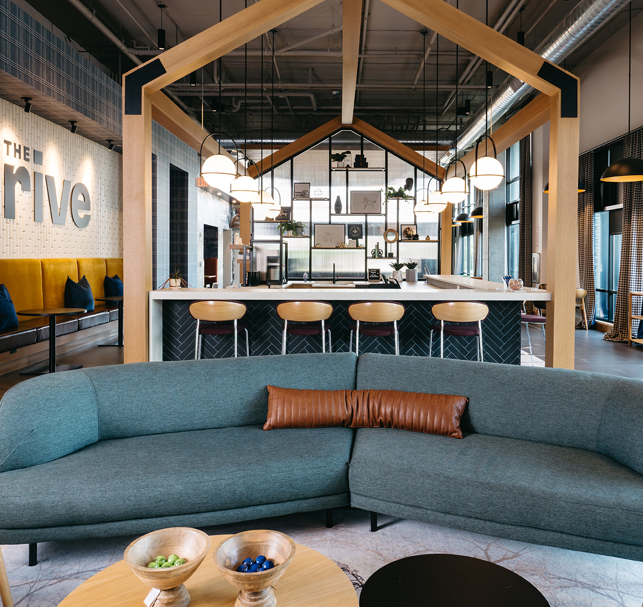 A lobby with lounge seating